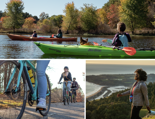 A collage of three images. Image1: Two kayaks on a lake are filled with three people and a dog. Image 2: Three people are riding bicycles on a trail. image 3: A person is looking out at a viewpoint.